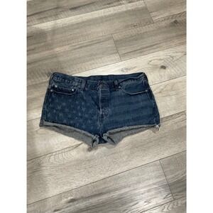 Levis Womens Star Print Denim Cut Off Shorts Dark Wash Blue Button Fly 34 Waist